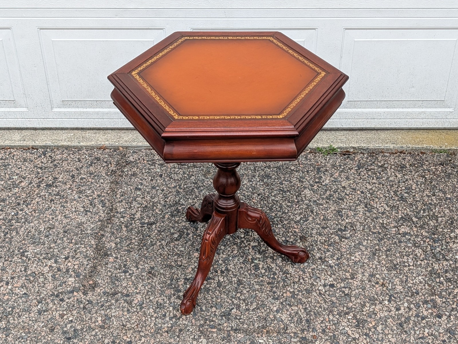Vintage Hexagon Pedestal Table, Gilded Leather Top, 3 Carved Claw-foot Legs
