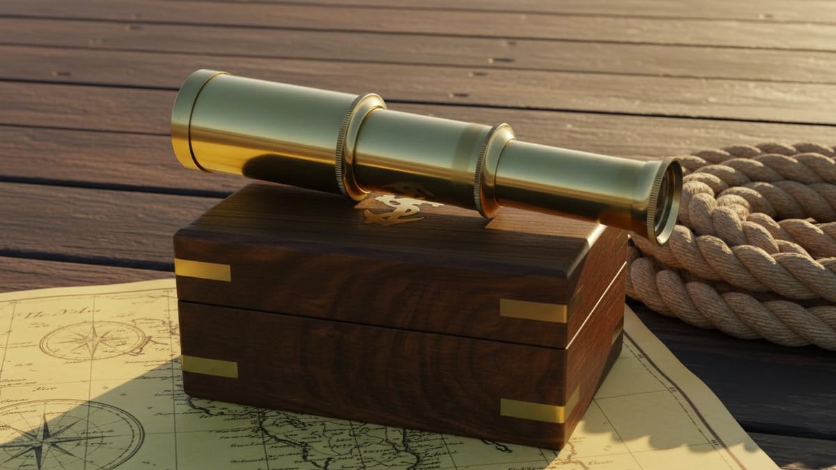 6 Solid Brass Handheld Telescope – Nautical Pirate Spy Glass with Wood Box Rusti
