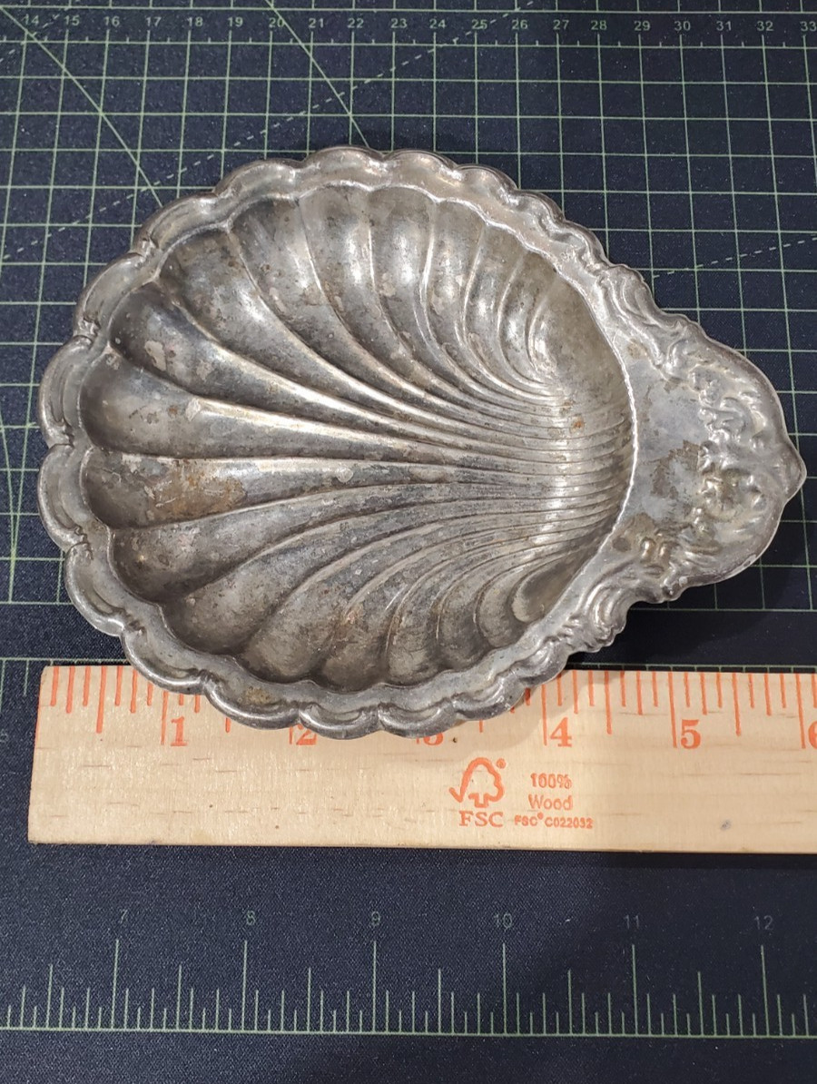 Vintage Silverplate Scallop Shell Dish – Coastal Catchall – Ornate Scroll Handle