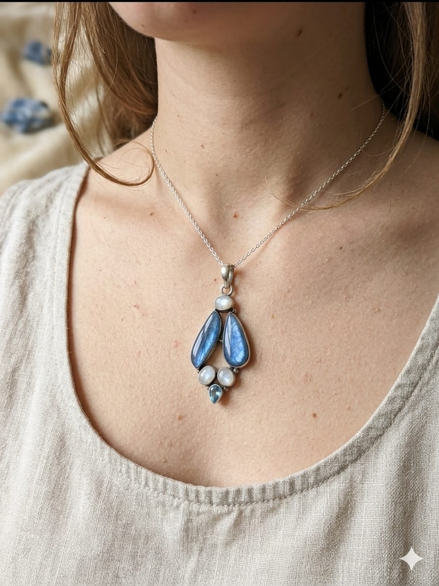 Labradorite Moonstone Sterling Silver Pendant Necklace, Artisan Gemstone Jewelry
