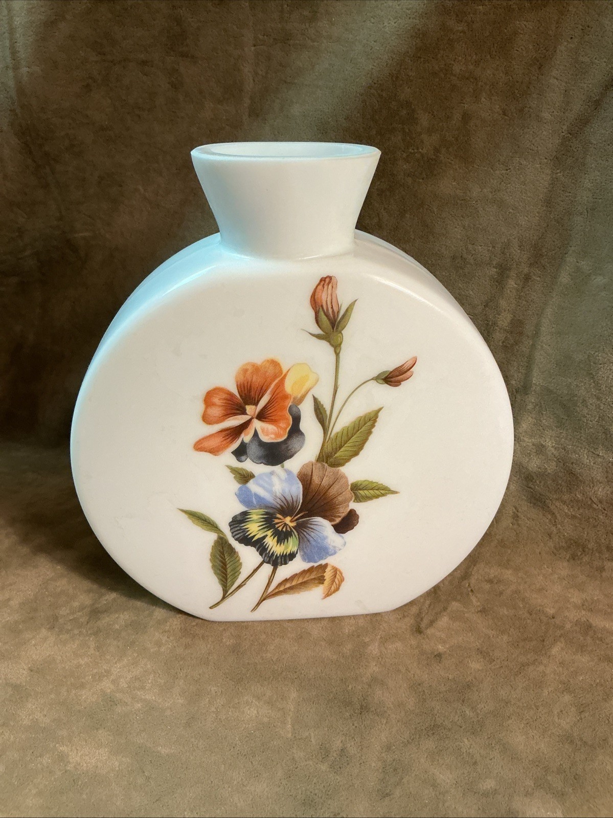 Vintage Cased milk glass pansy flower decal white canteen shaped Art Vase