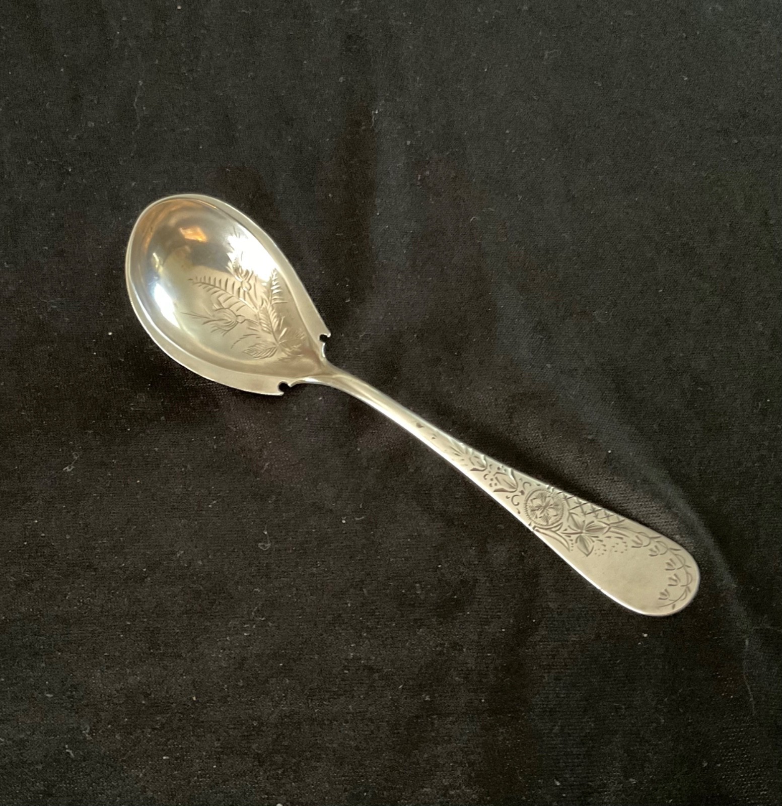 Antique Knowles Sterling Bright Cut Preserve Sugar Spoon 1880’s 5 7/8”