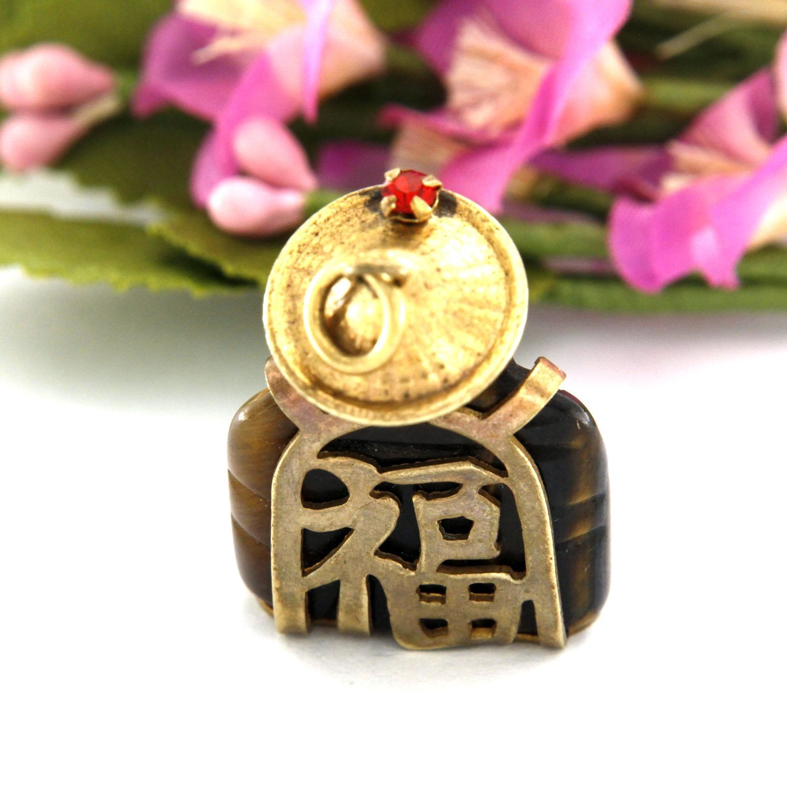 Carved Tiger Eye Stone Chinese Asian Buddha Buddah Vintage Estate Pendant Amulet