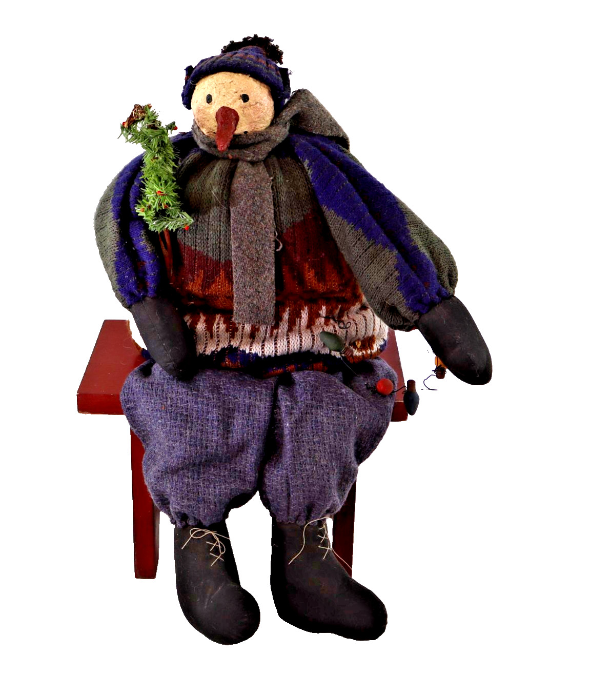 Vtg artist Snowman doll Xmas Folk Art Shelf Sitter prim OOAK April Cummins 23″
