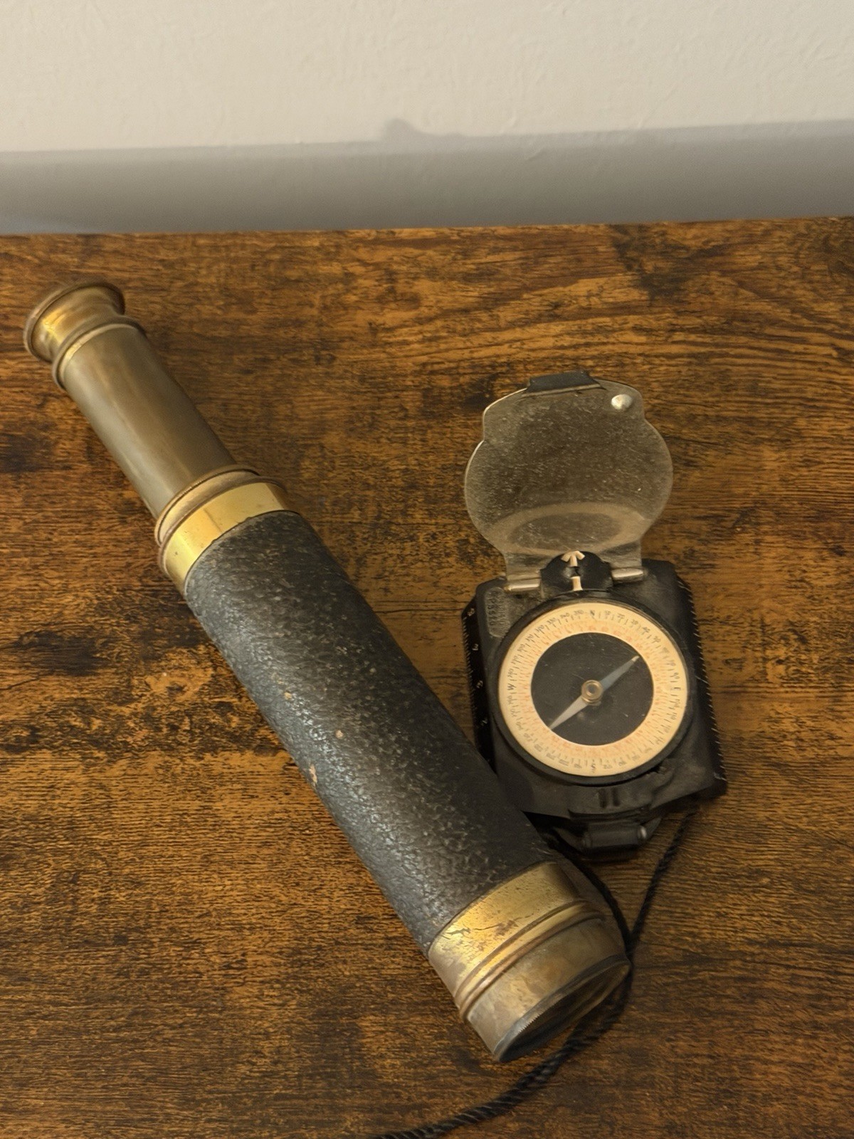 Vintage Antique Brass Telescope & Vintage Compass