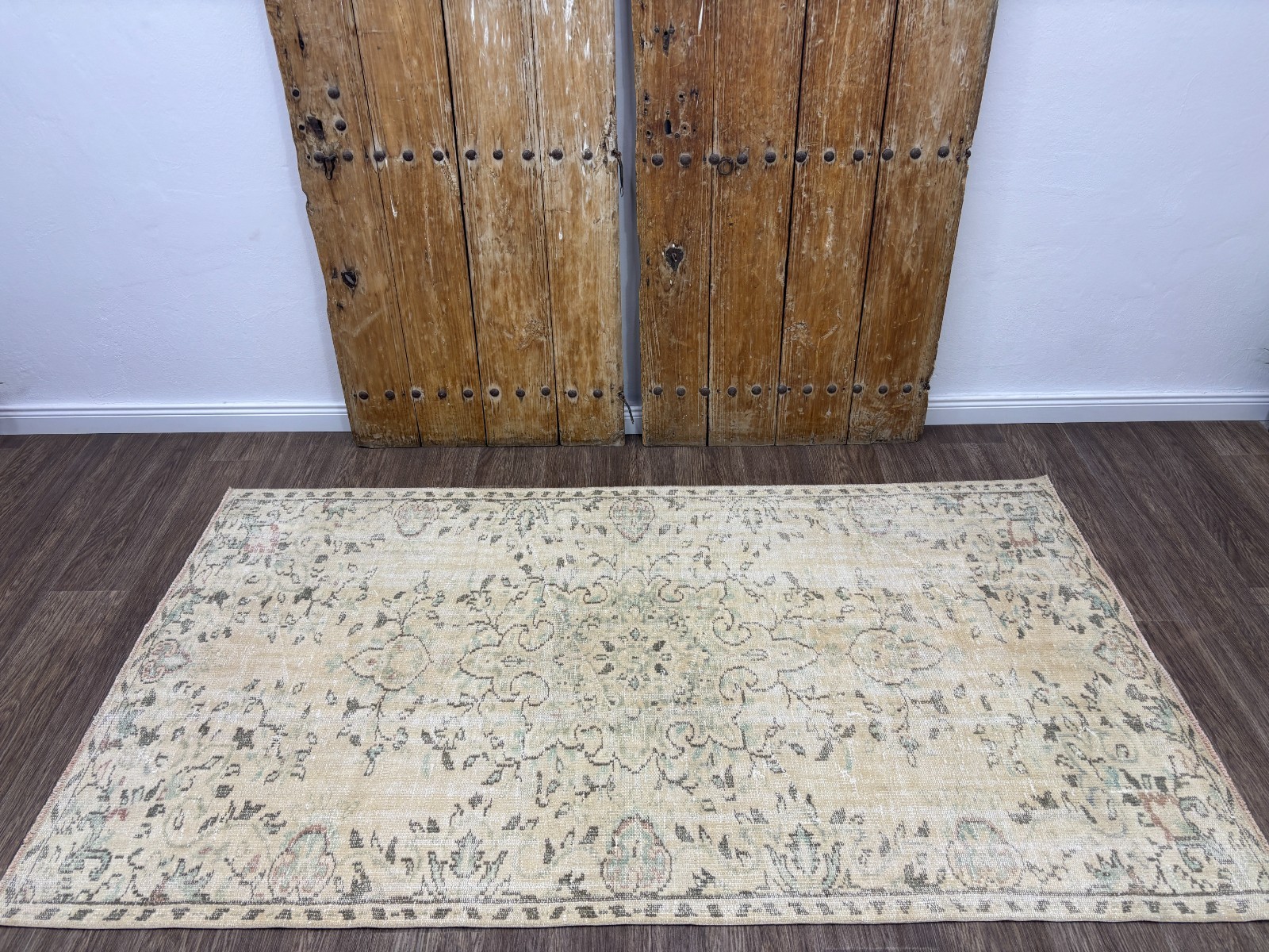 4×8 Beige Green Neutral Vintage Turkish Area Rug, Hand-Knotted Wool Bedroom Rug