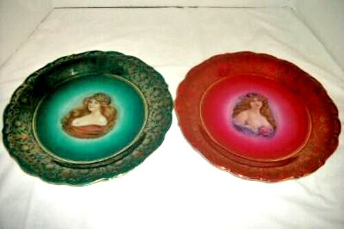 1890s Lady Portrait Plates Bavaria Schumann Pair Jeweltone Gilt Arzberg Germany