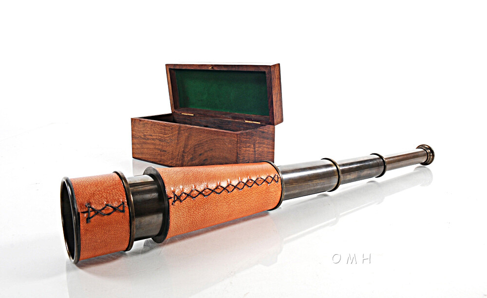 Brass & Leather Spyglass 16″ w/ Teak Wood Case Antiqued Nautical Telescope New