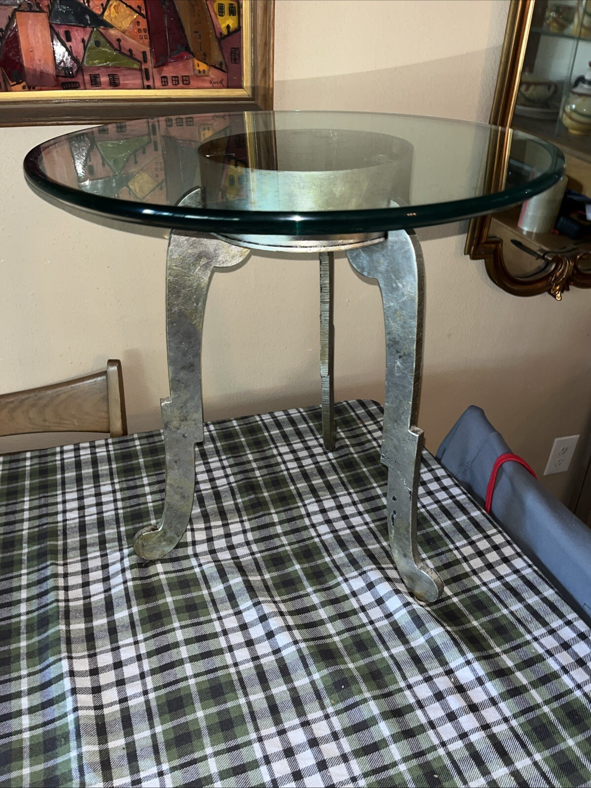 Vintage Mid-Century Modern Sculptural BRUTALIST Steel Metal & Glass Side Table