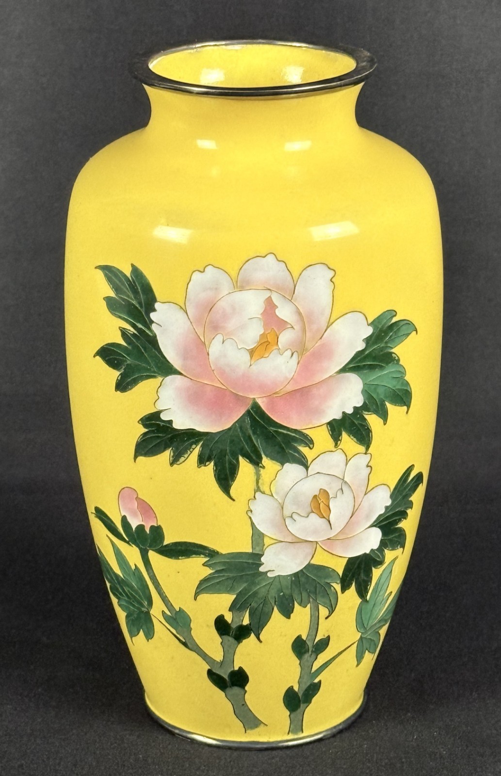 Pair Japanese Cloisonné Vases Akagi Nagoya WWII CPO 1945–50 Yellow Peony 7”