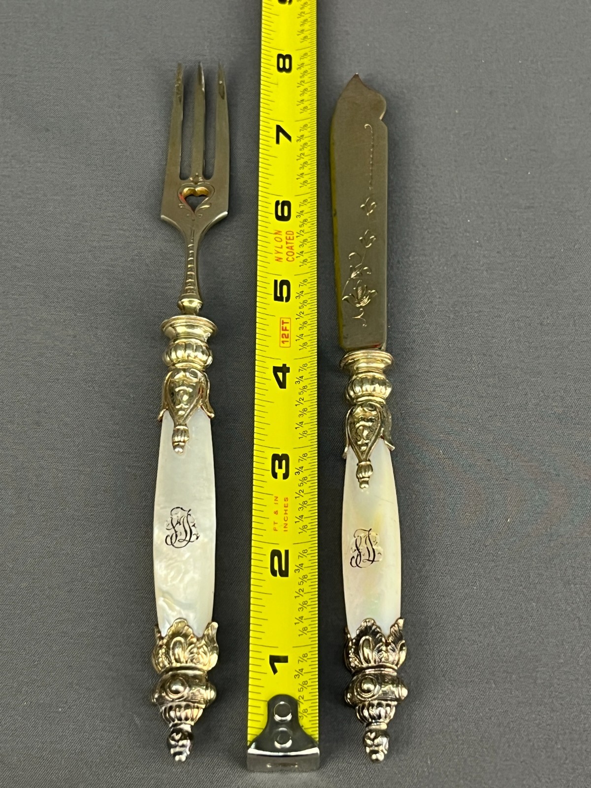10 Pc Antique German Gilt 800 Silver Fork & Knife Set w/ Mother of Pearl Handle