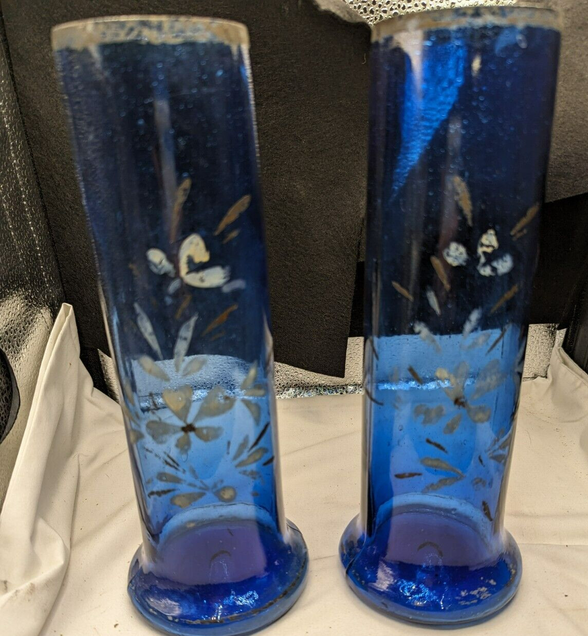 Antique Pair Of Cobalt Blue Glass Hand Painted Floral Design Vases 10 1/2 ” Tall