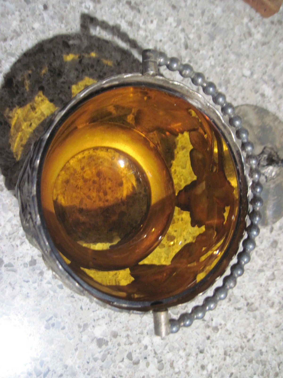 Antique Art Deco Ornate Silverplate Covered Berry Jar with Amber Glass Insert