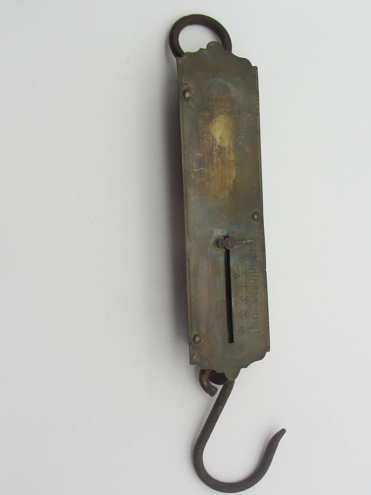 VINTAGE FRARY’S IMPROVED SPRING BALANCE WARRANTED HANGING BRASS SCALE 50 LB