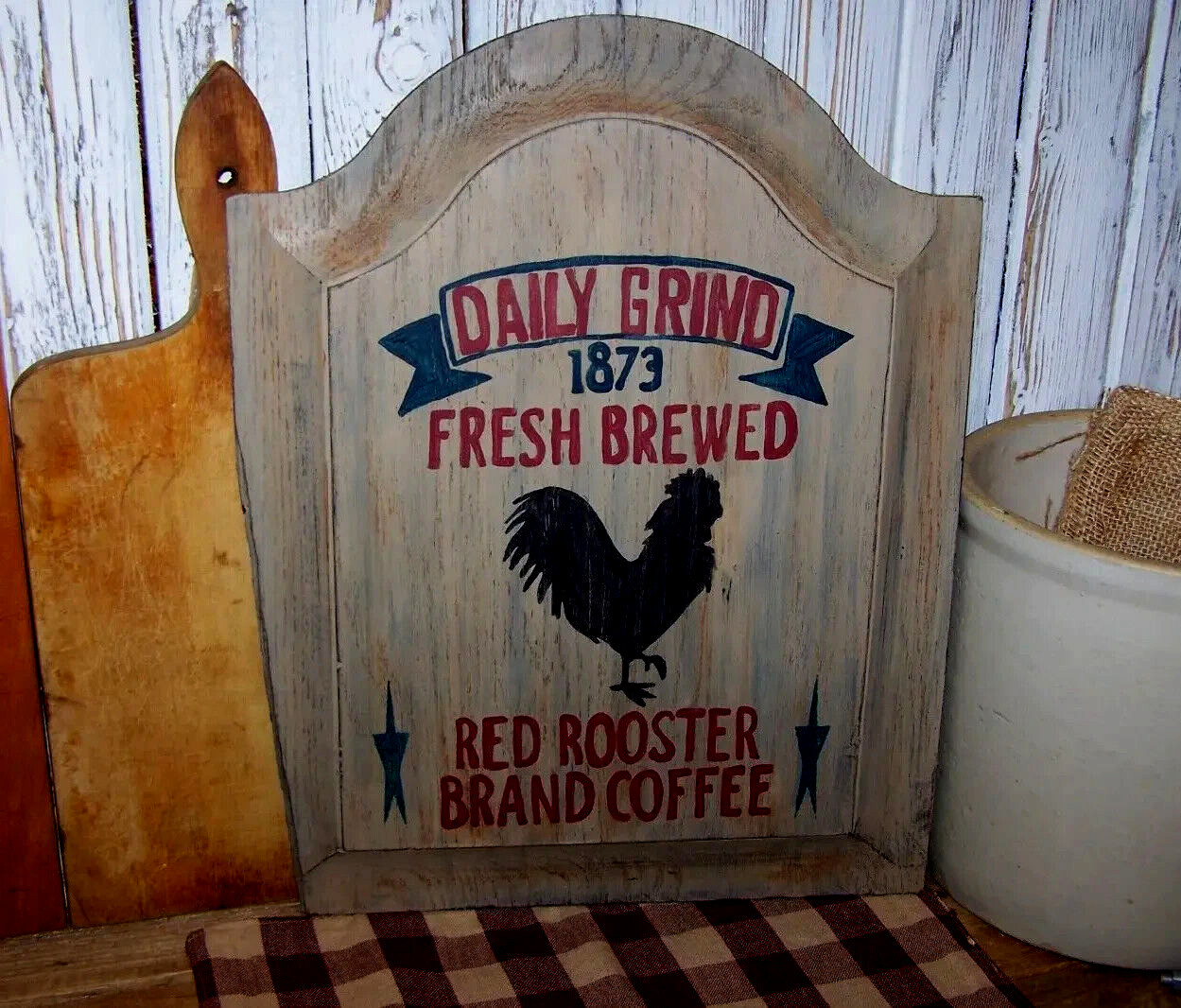Primitive Country Wood Sign ~ Daily Grind Fresh Brewed Red Rooster Brand Coffee