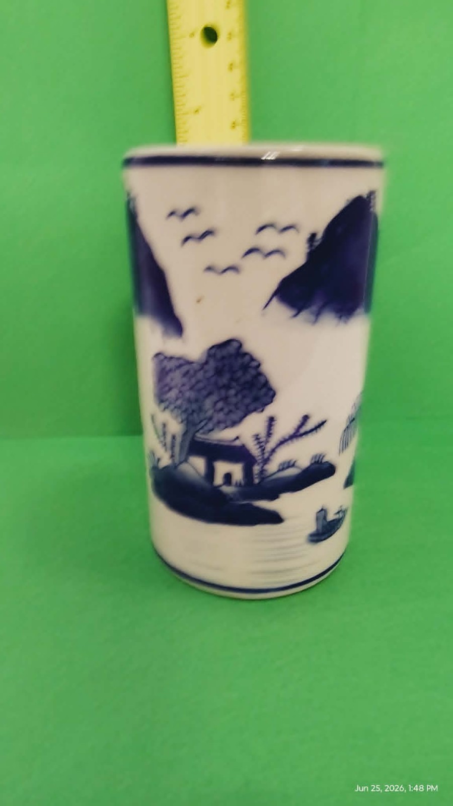 Blue/White brush pot features traditional village motive with pagodas & Mtns Vas