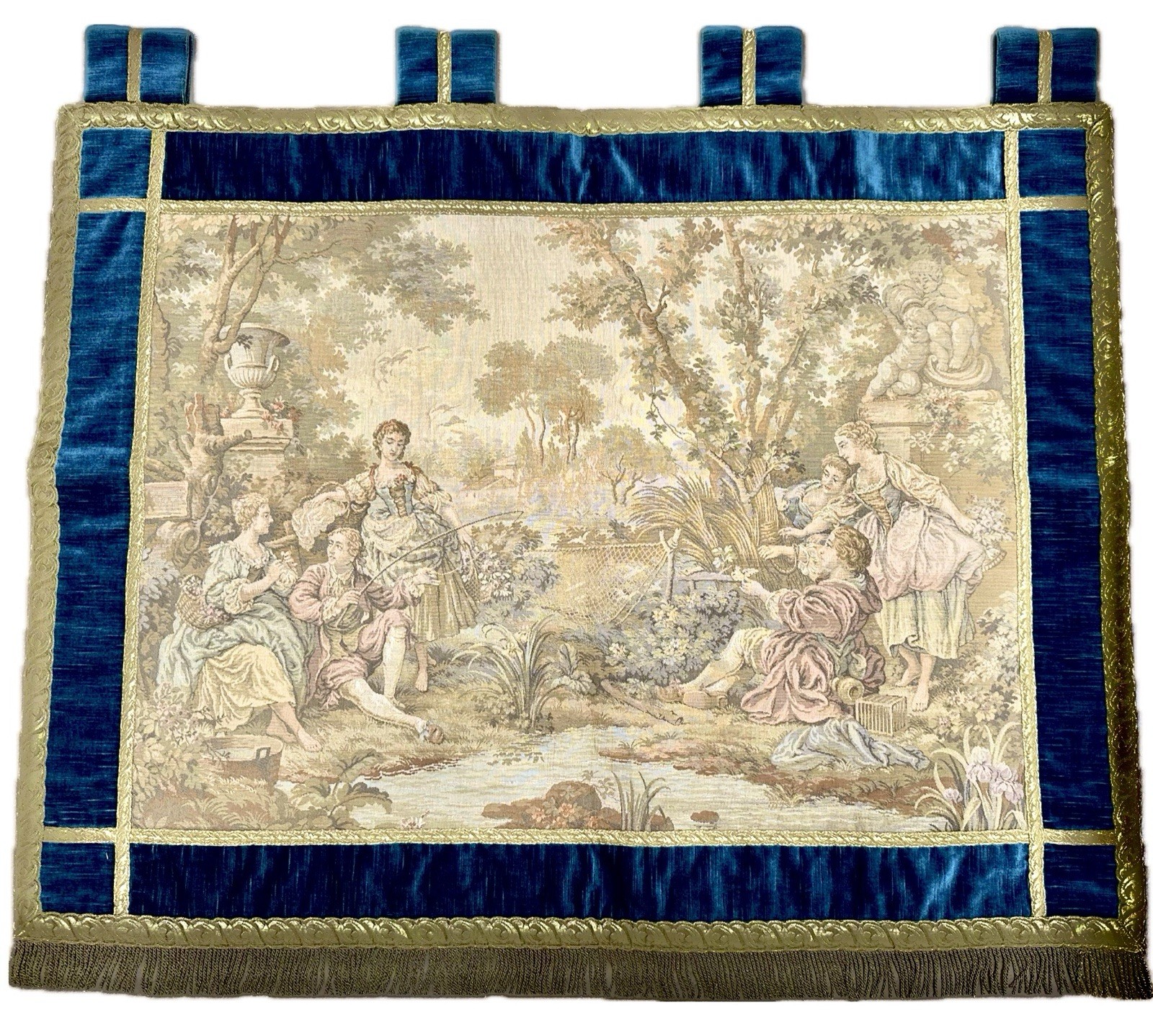 VTG 1960s Beltexart Belgian Gobelin Tapestry Pastoral Fishing 41×37 Teal Velvet