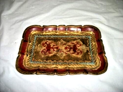 Italian Florentine Gilt Wood Petite Tray Vanity Red Aqua Mid Century 1960s