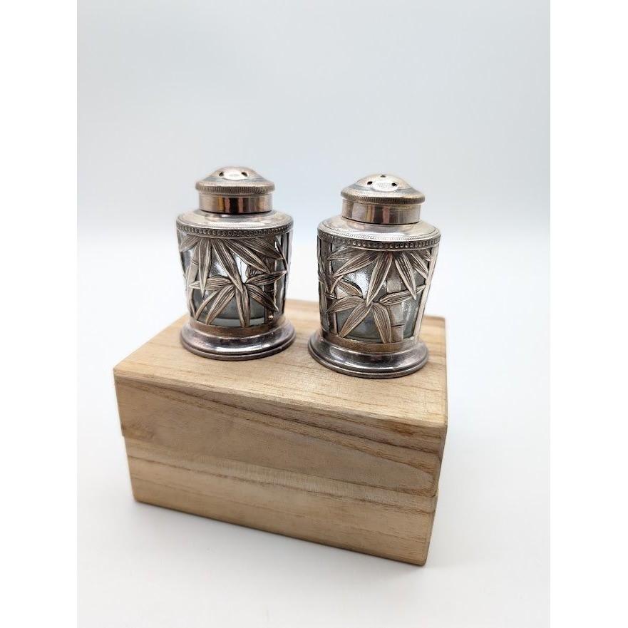 Vintage Japanese Sterling 950 Silver Bamboo Caged Glass Salt & Pepper Shakers