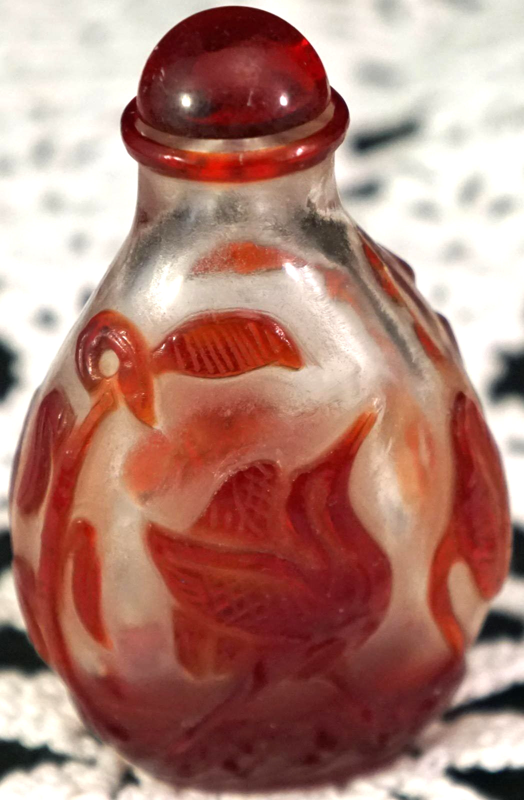 Peking Glass Sculpted Cameo Overlay Snuff Bottle Red Cut to Clear Birds Flowers