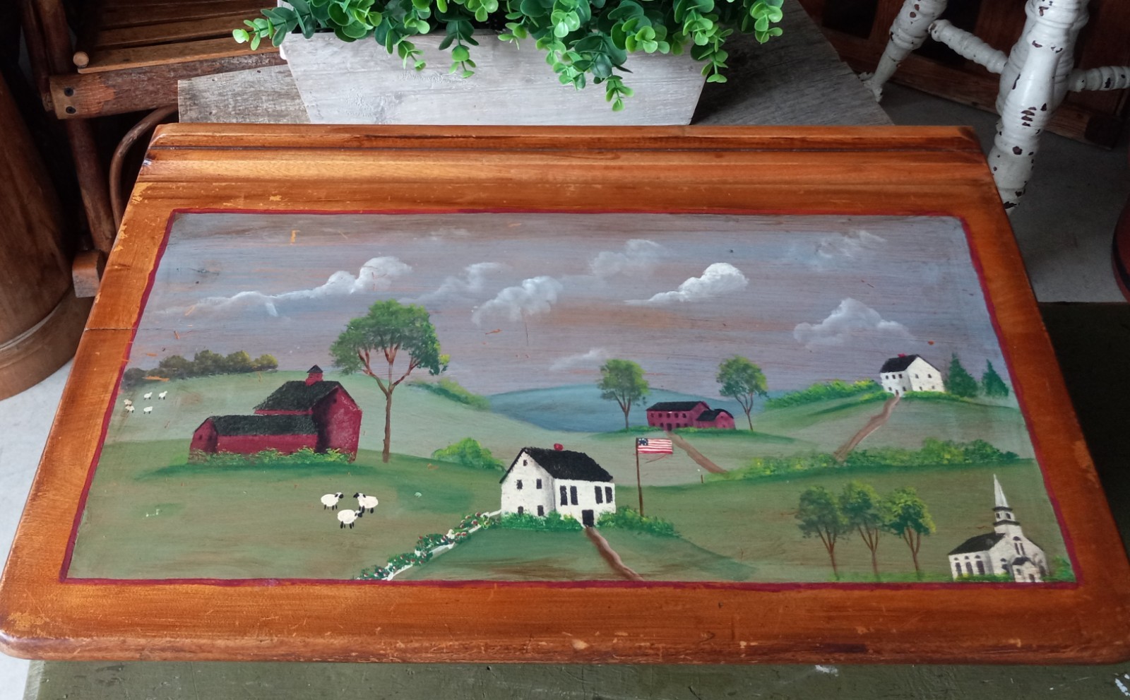 Vintage Solid Oak Hand Painted Folk Art 1940’s Tabletop Desk Original Heavy RARE