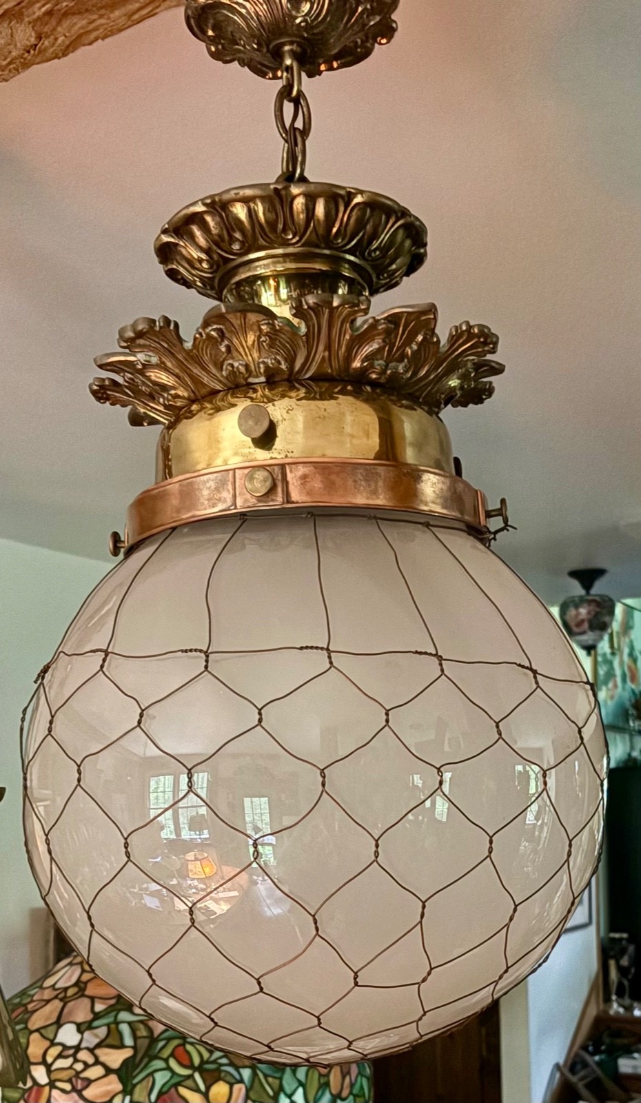 RARE Antique Wire Mesh Opaline Glass Brass / Bronze Pendant Light