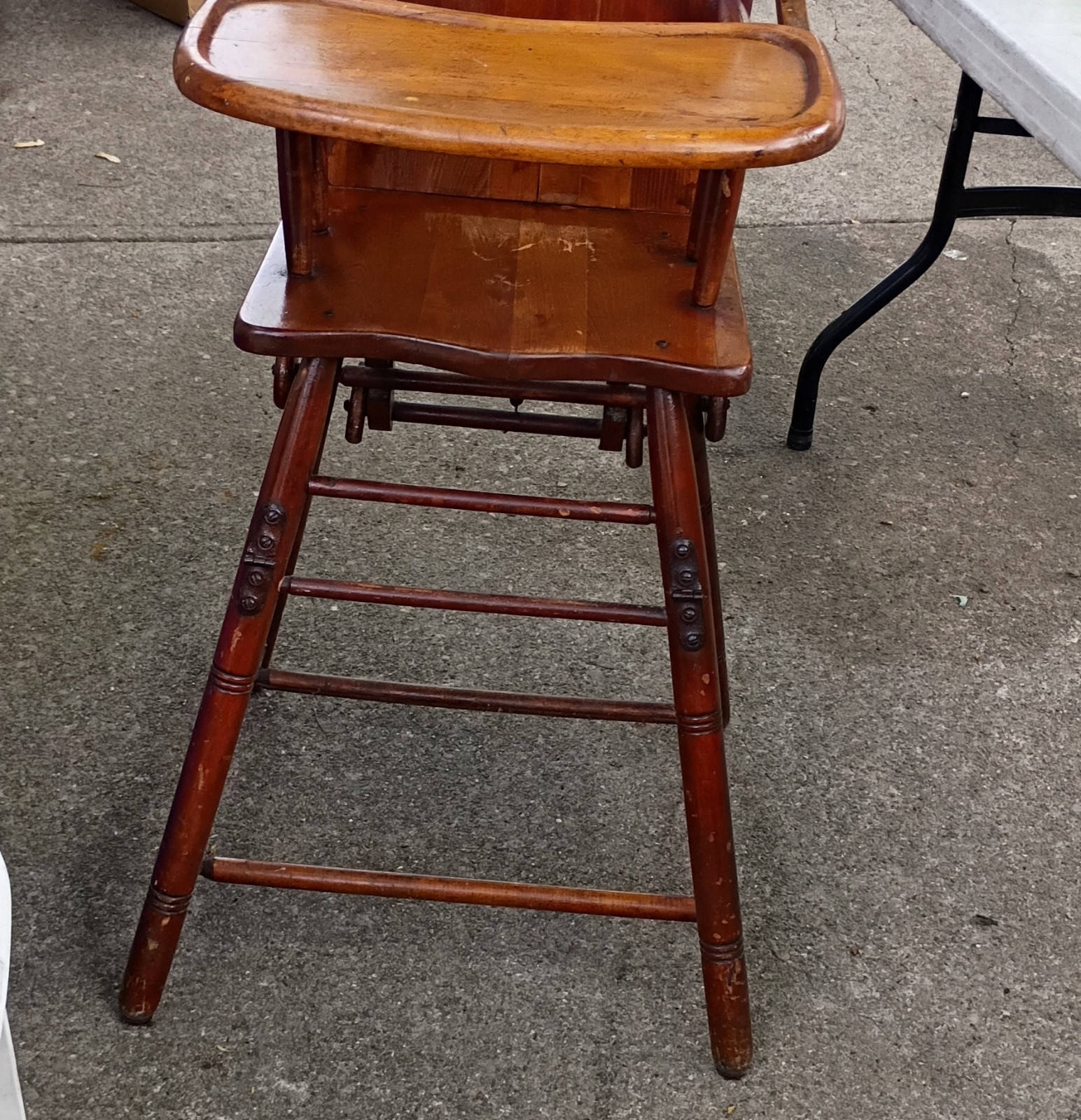 Antique Wooden High Chair with Tray, Decorative Back, Brown, Varnished Finish