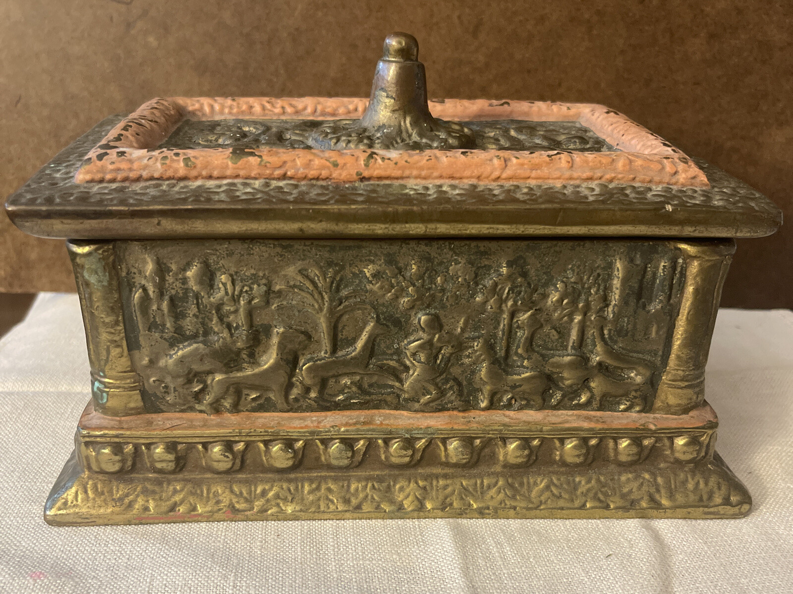 Antique Copper Embossed Relief Scene Lined Trinket Dresser Storage Box