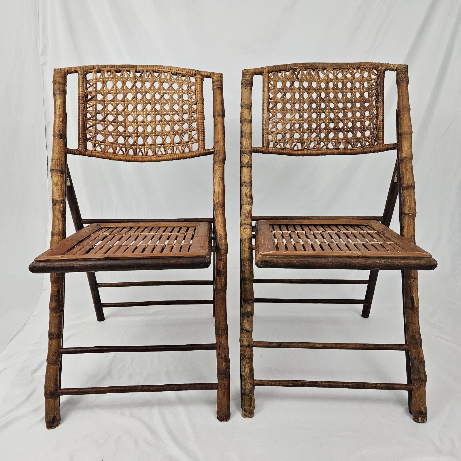 Vintage Folding Chair Set Tortoise Shell Bamboo W/Cane Back Dining MCM Boho
