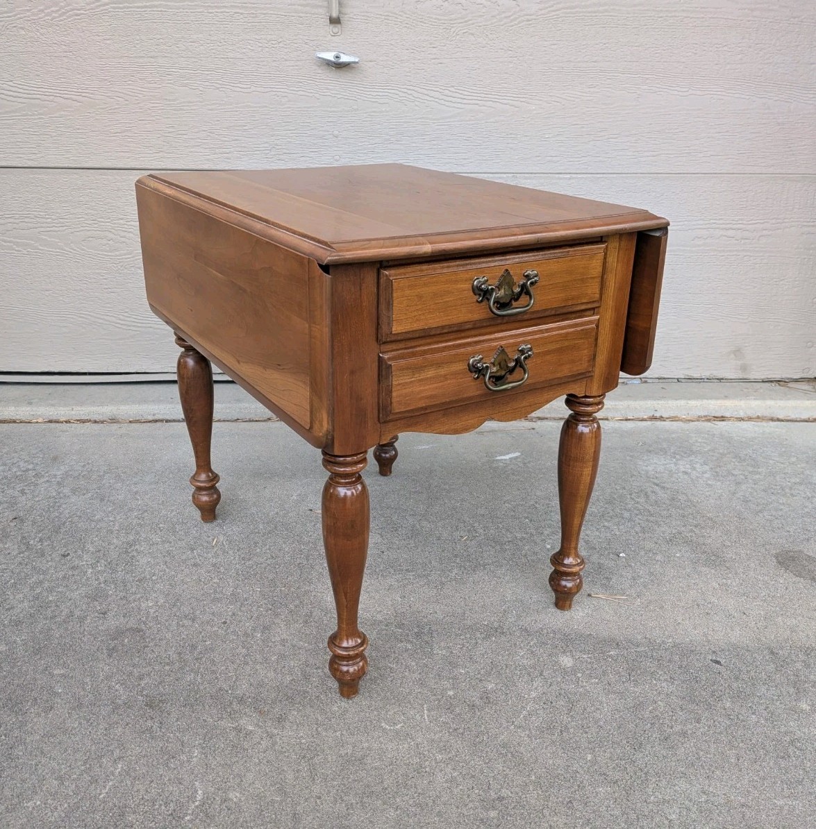 Vintage Rustic Country Colonial Solid Cherry Wood Drop Leaf 2-Drawer End Table B
