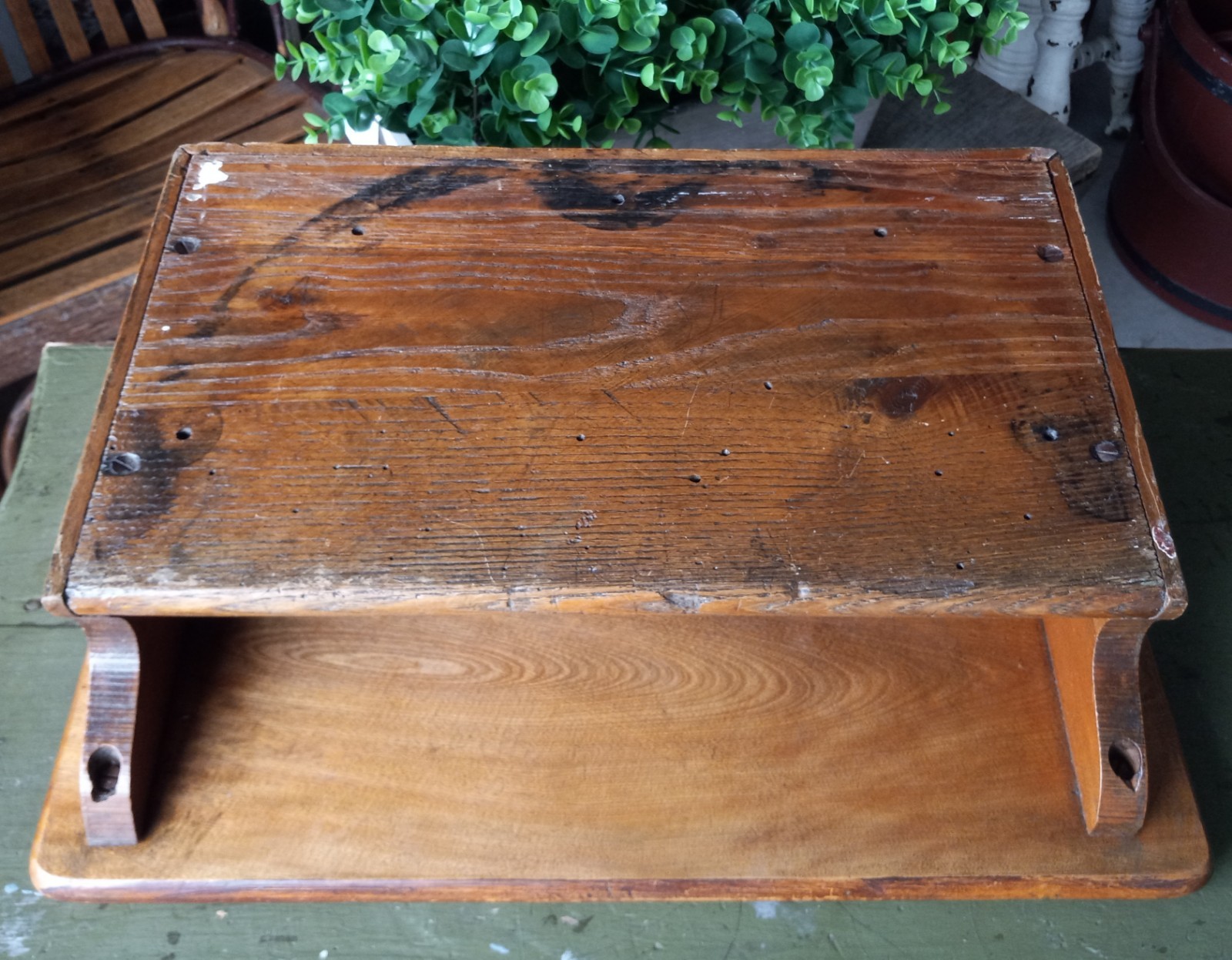 Vintage Solid Oak Hand Painted Folk Art 1940’s Tabletop Desk Original Heavy RARE