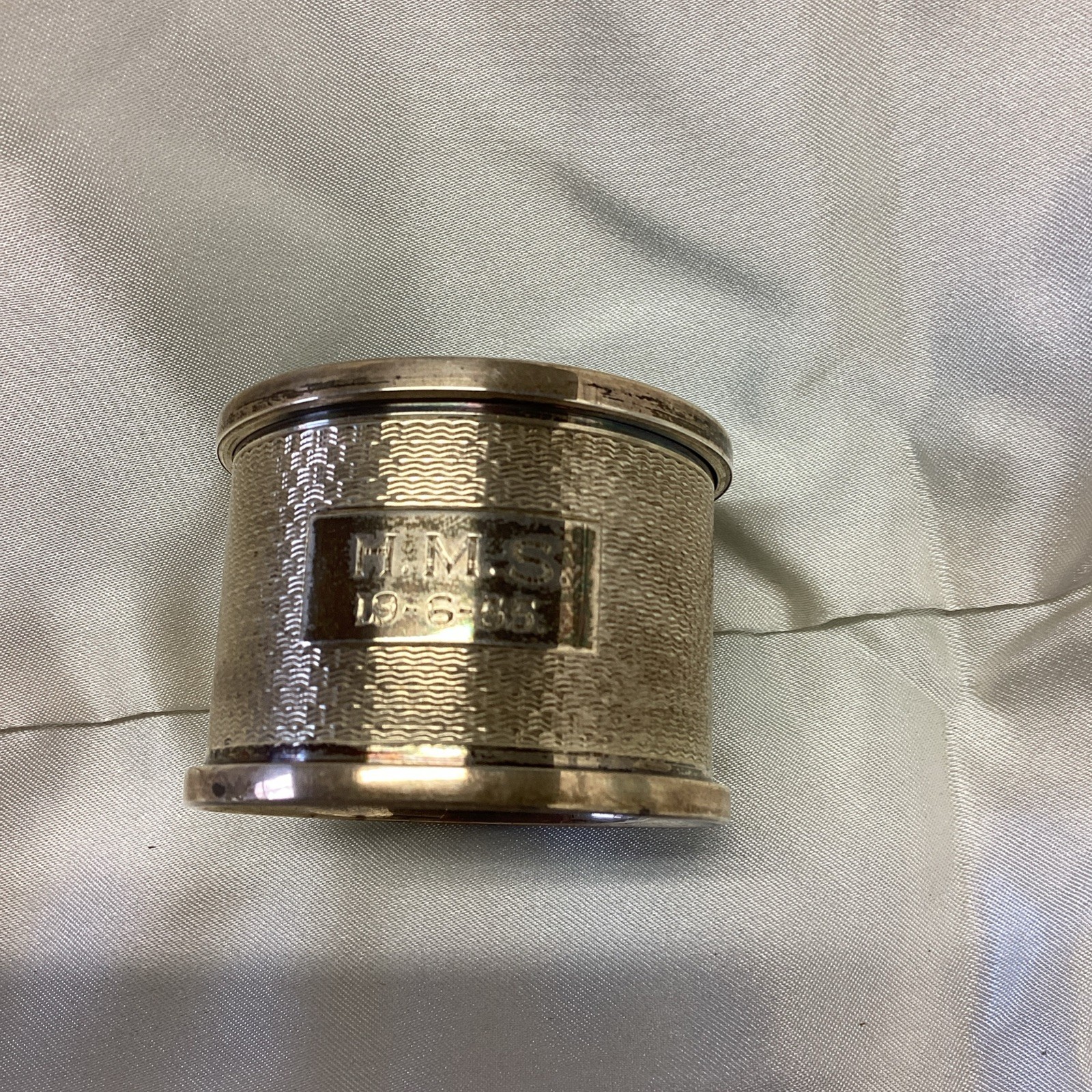 ~14g Hallmarked Sterling Silver Napkin Ring B&Co H.M.S 19 june 1955 Engraved
