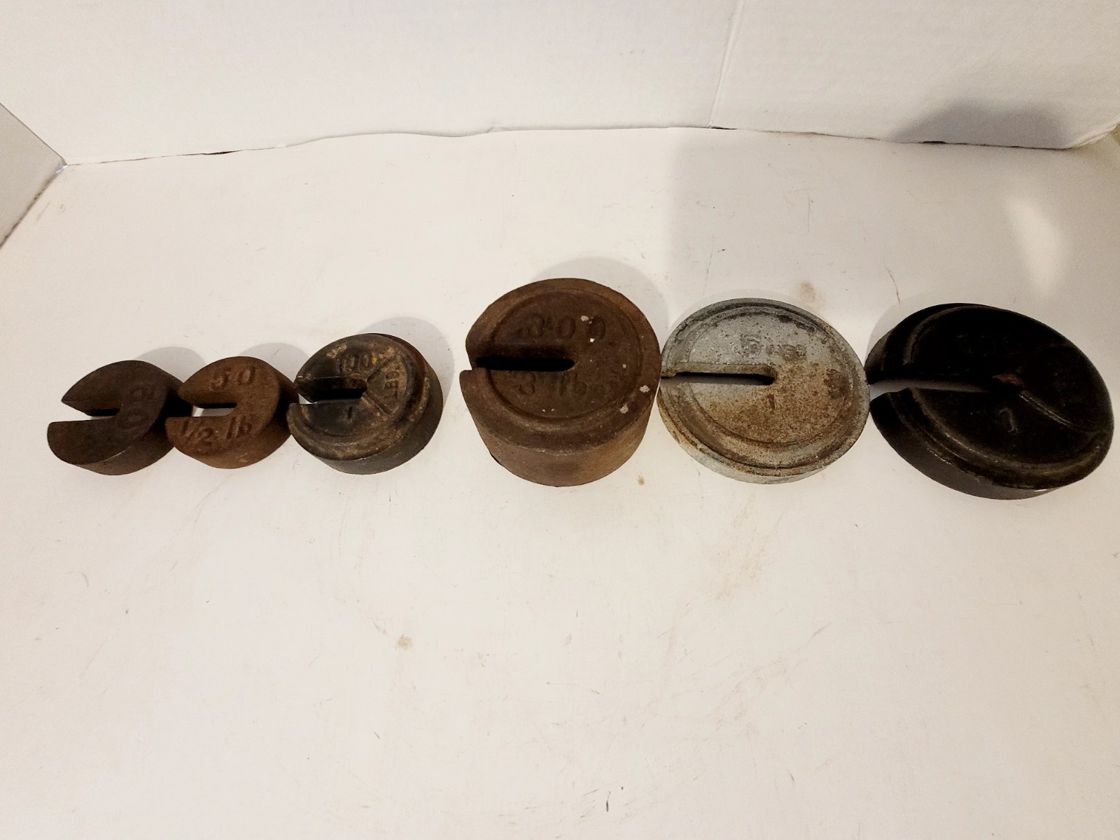 6 Vintage Cast Iron Platform Scale Hanger Round Slotted Balance Beam Weights