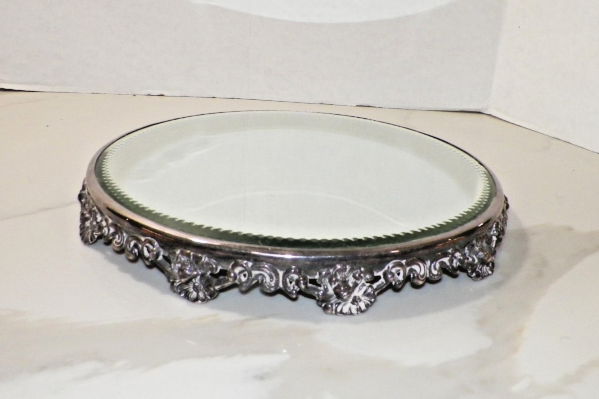 ANTIQUE ROUND SILVERPLATE PLATEAU BEVELED VANITY JEWELRY TABLE TOP MIRROR TRAY