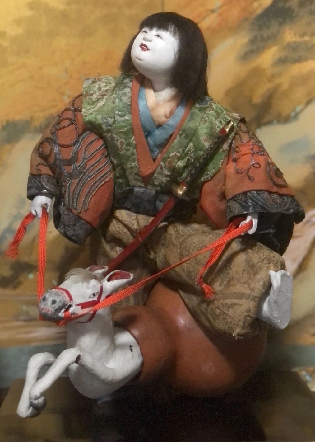 SHOWPIECE* XL EDO TAKEDA SAMURAI WARRIOR DOLL”HORSE*GOLD*SILK EMBROIDERY*MUST C