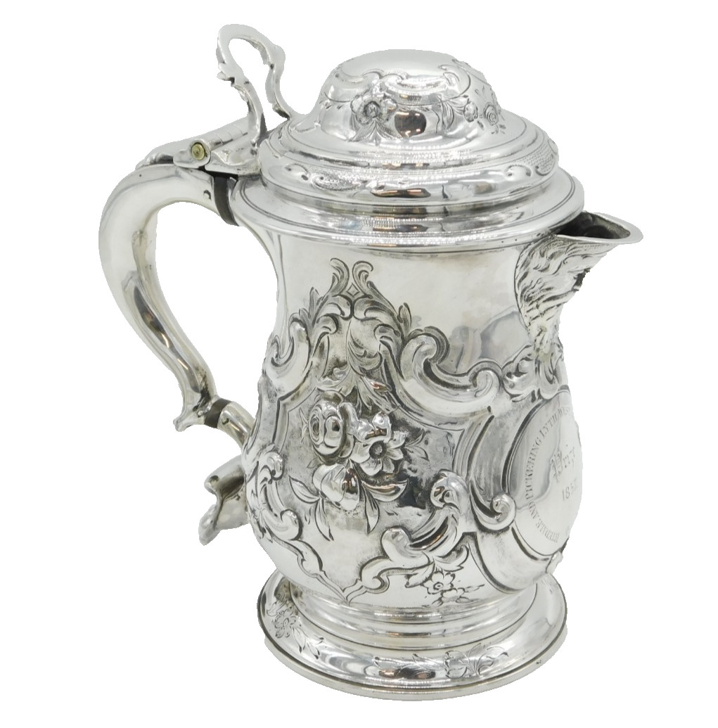 George II Sterling Silver Large Floral Lidded Tankard Antique 1758 London