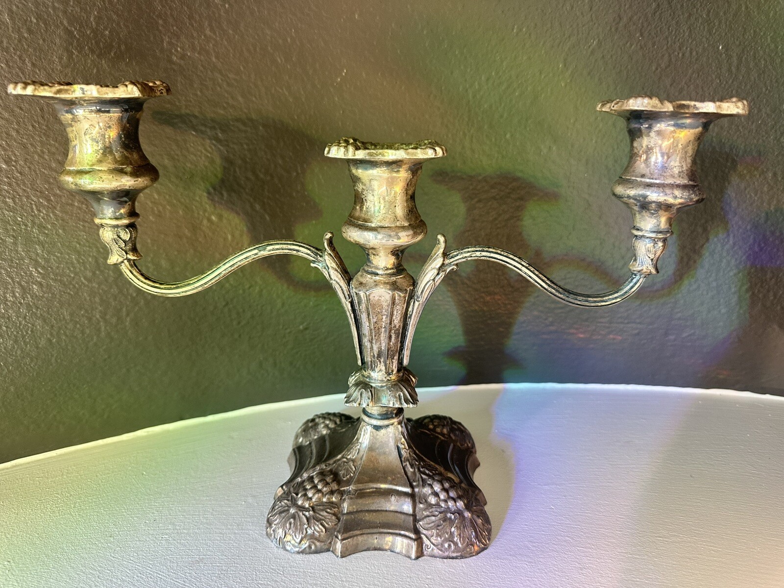 Vintage Solid Metal 3-Arm Candelabra Coronet Silver Plate EP Lead Grapevine