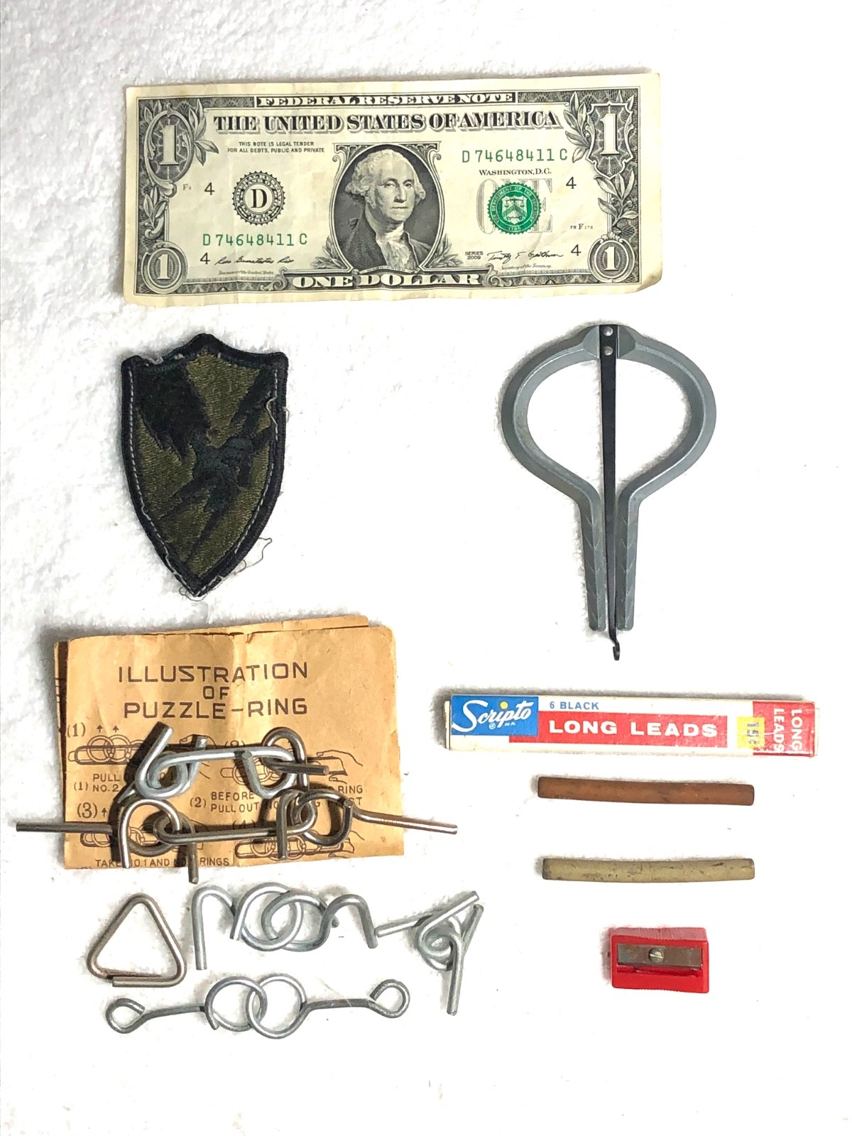 Choice 4 Vintage Items/Groups: Army Patch, Jaw Harp, Puzzle Ring Set, Pencil Set