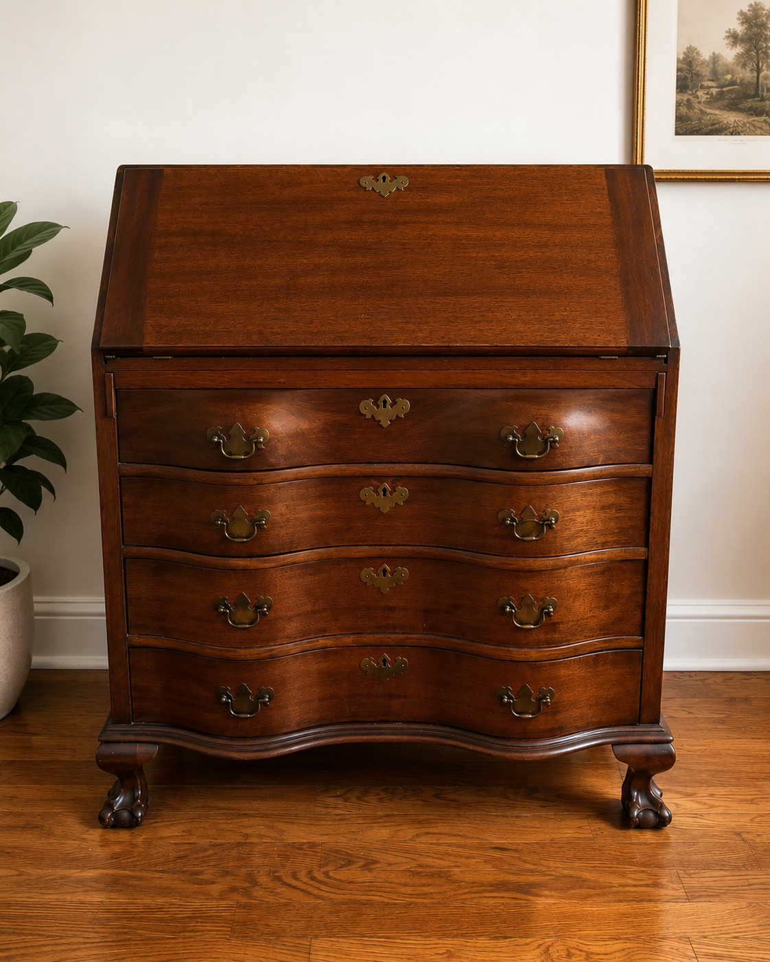 Antique MADDOX Ornate Mahogany Slant Front Desk with Carved Ball & Claw Feet