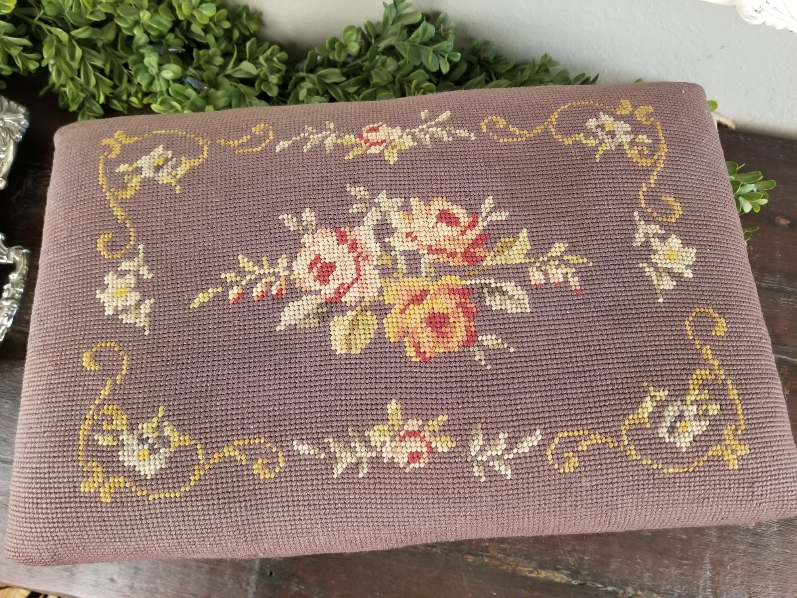 Antique Early 1900’s Floral & Rose Needlepoint Wooden Footstool in Deep Mauve