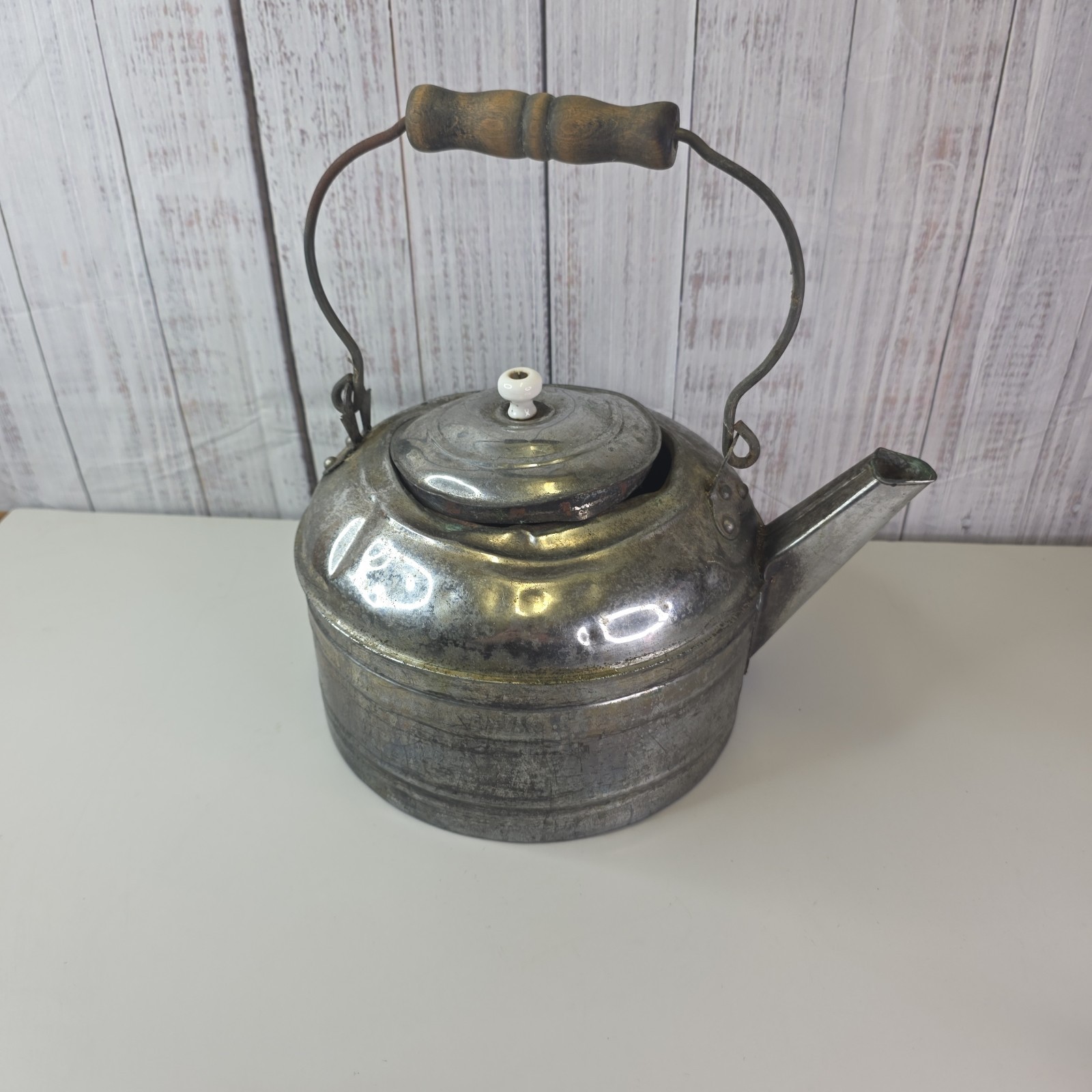 Revere Ware Silver Metal Kettle Wood Handle Porcelain Knob Rustic Farmhouse