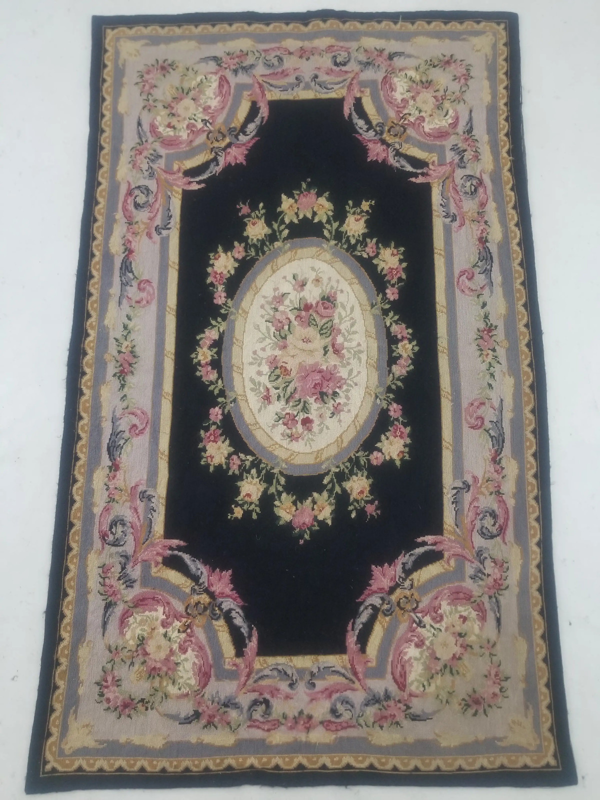 Vintage French Handmade Needlepoint Floral Wool Multicolor Rug Carpet 5.4×3.2ft
