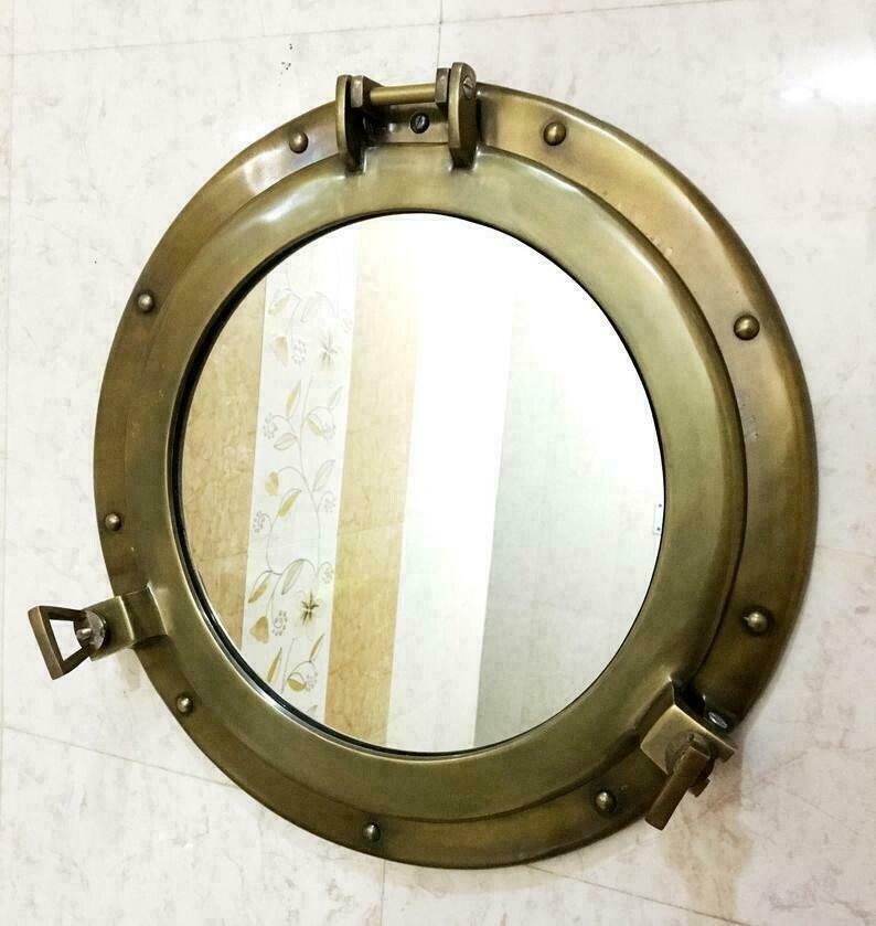 11″ Antique Brass Finish Porthole Mirror ~ Nautical Maritime Wall Decor ~ Window