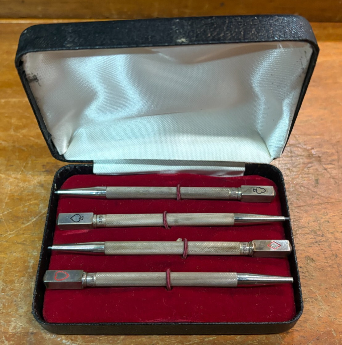 Lovely Rare Vintage Sterling Silver Set of 4 Whist Playing Card Pencils SU164