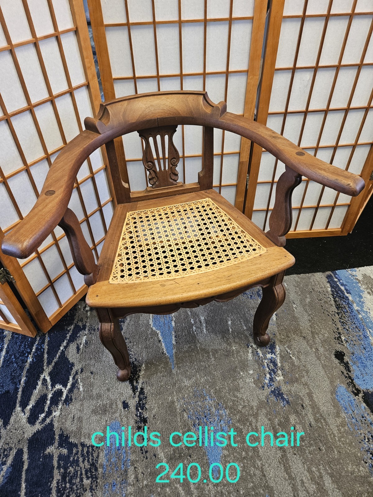 Antique Child’s Cellist Chair, Hand Caned With Armrest Carvings