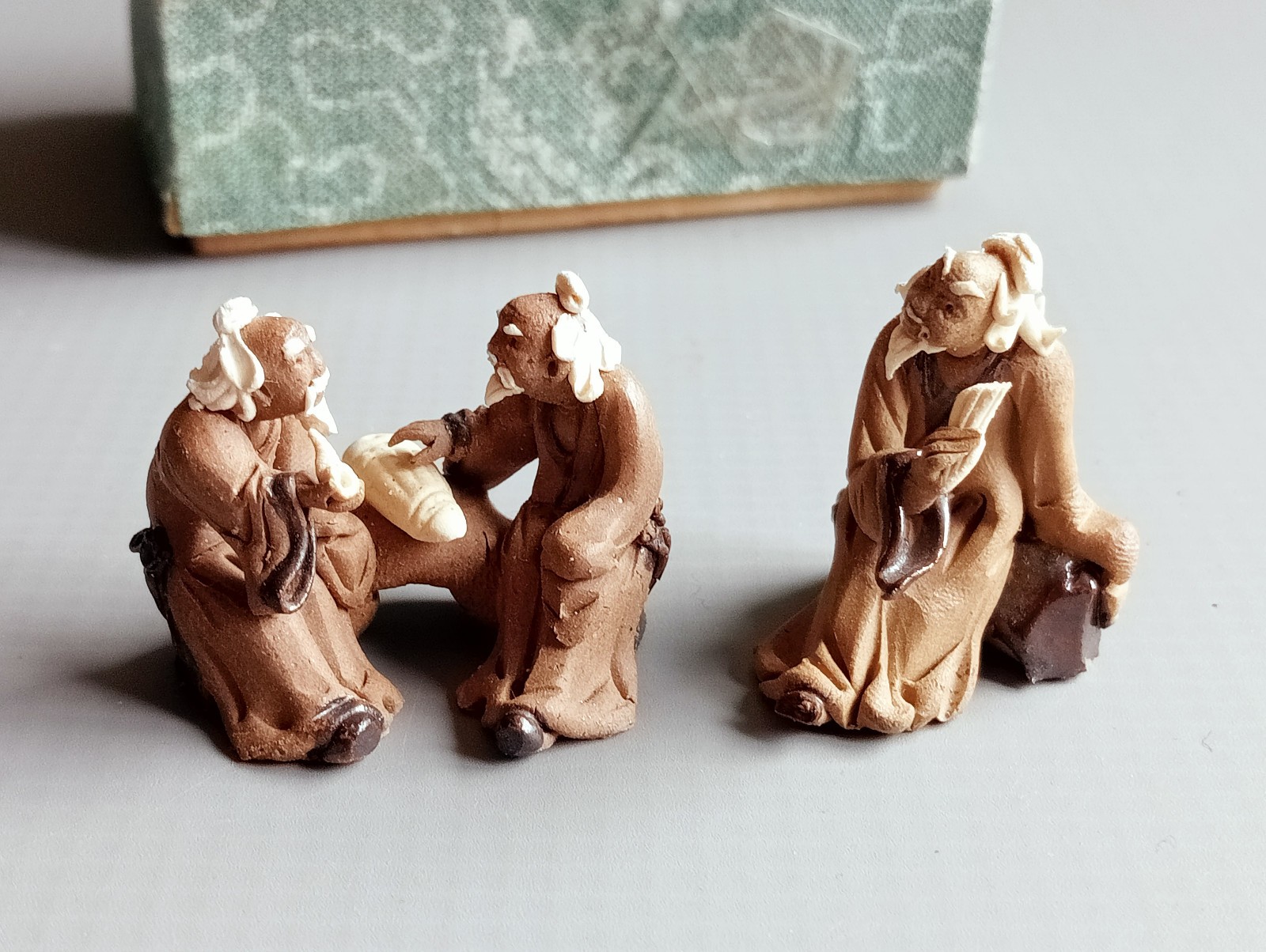 Vintage Clay Chinese Mudmen Asian Miniature Statue Figurines Original Box