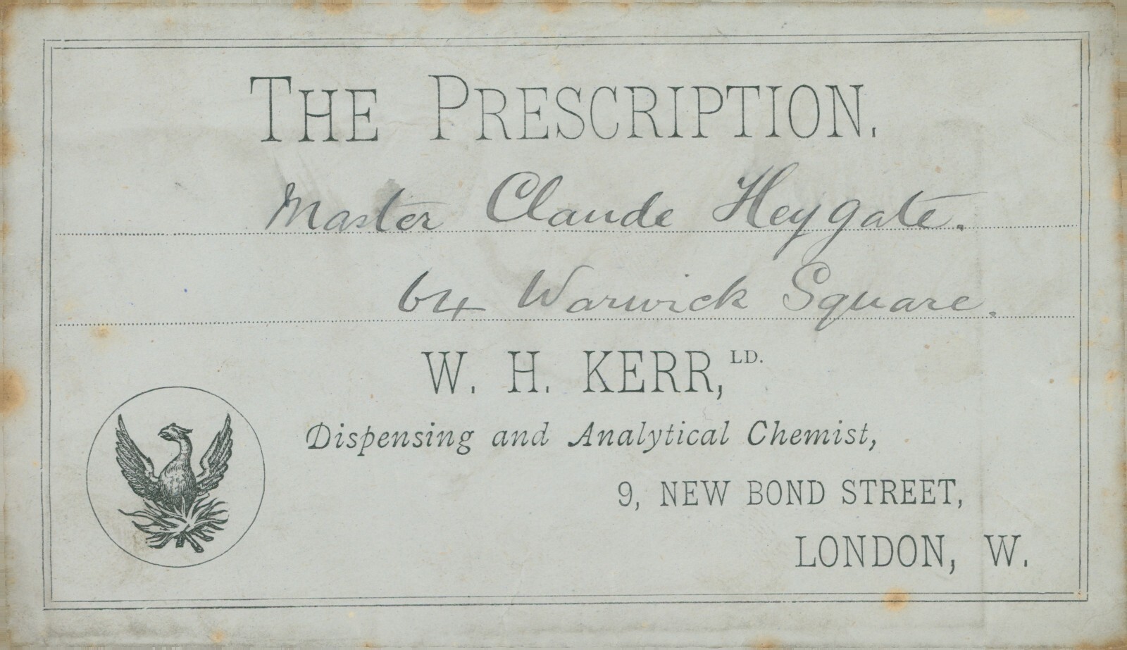 Antique Prescription Envelope W.H Kerr Chemist new Bond St London