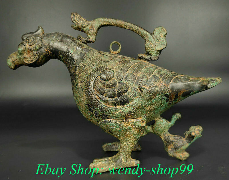 13″ Old Chinese Xizhou Dynasty Bronze Ware Parrot Bird Zun Dragon Wine Vessel