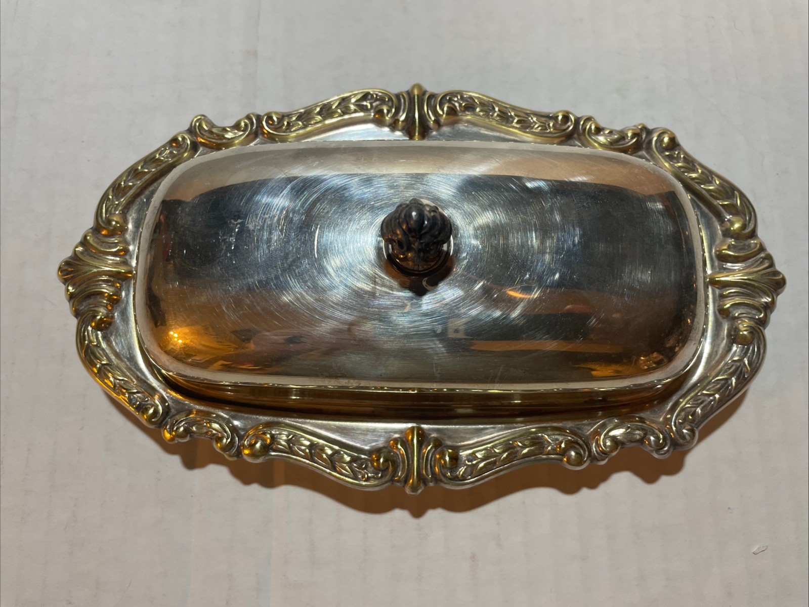 SHERIDAN Silver & Gold Ornate Covered Butter Dish With Glass Insert