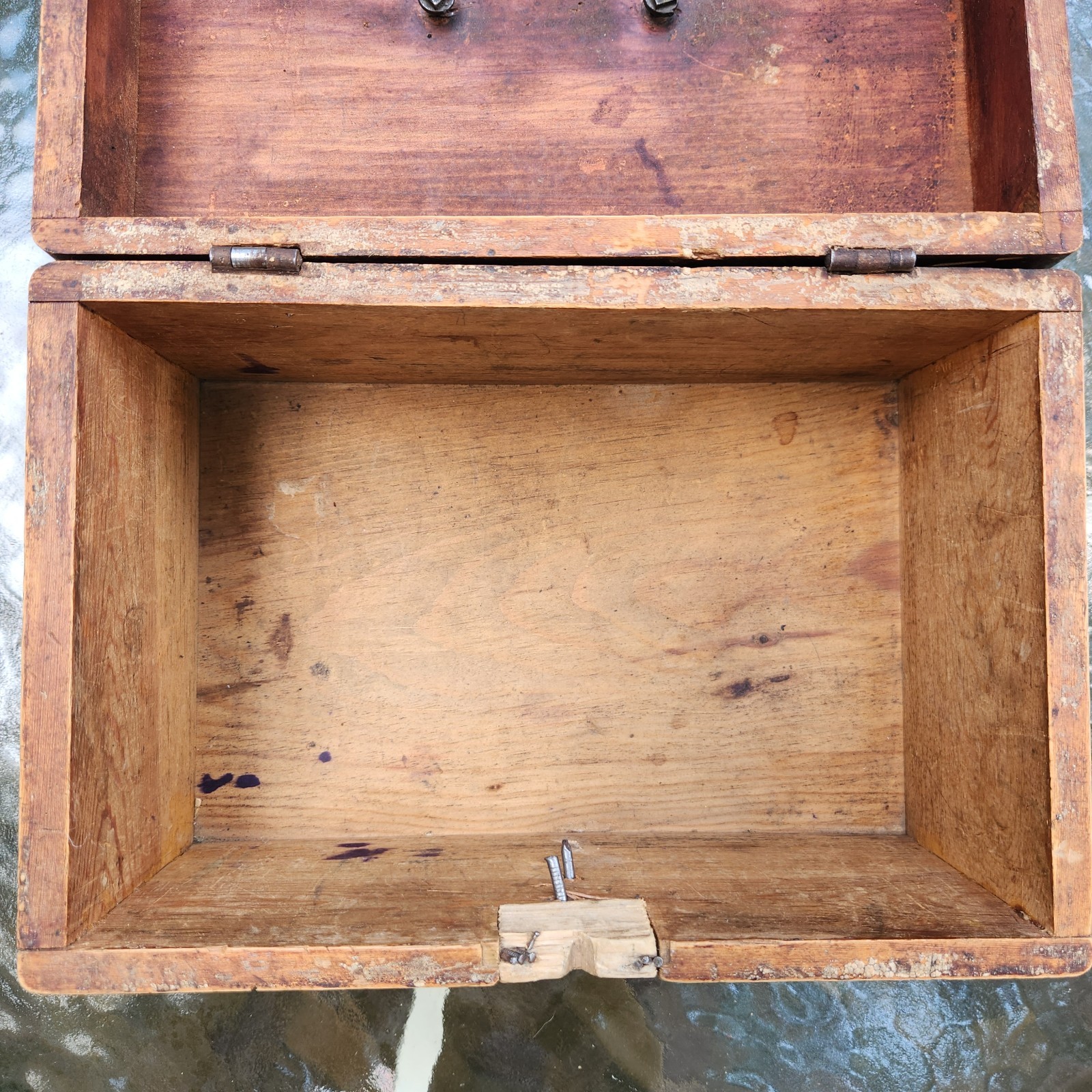 Antique Primitive Small Travel Trunk Ditty, Wood Doc Box Dovetailed Corners